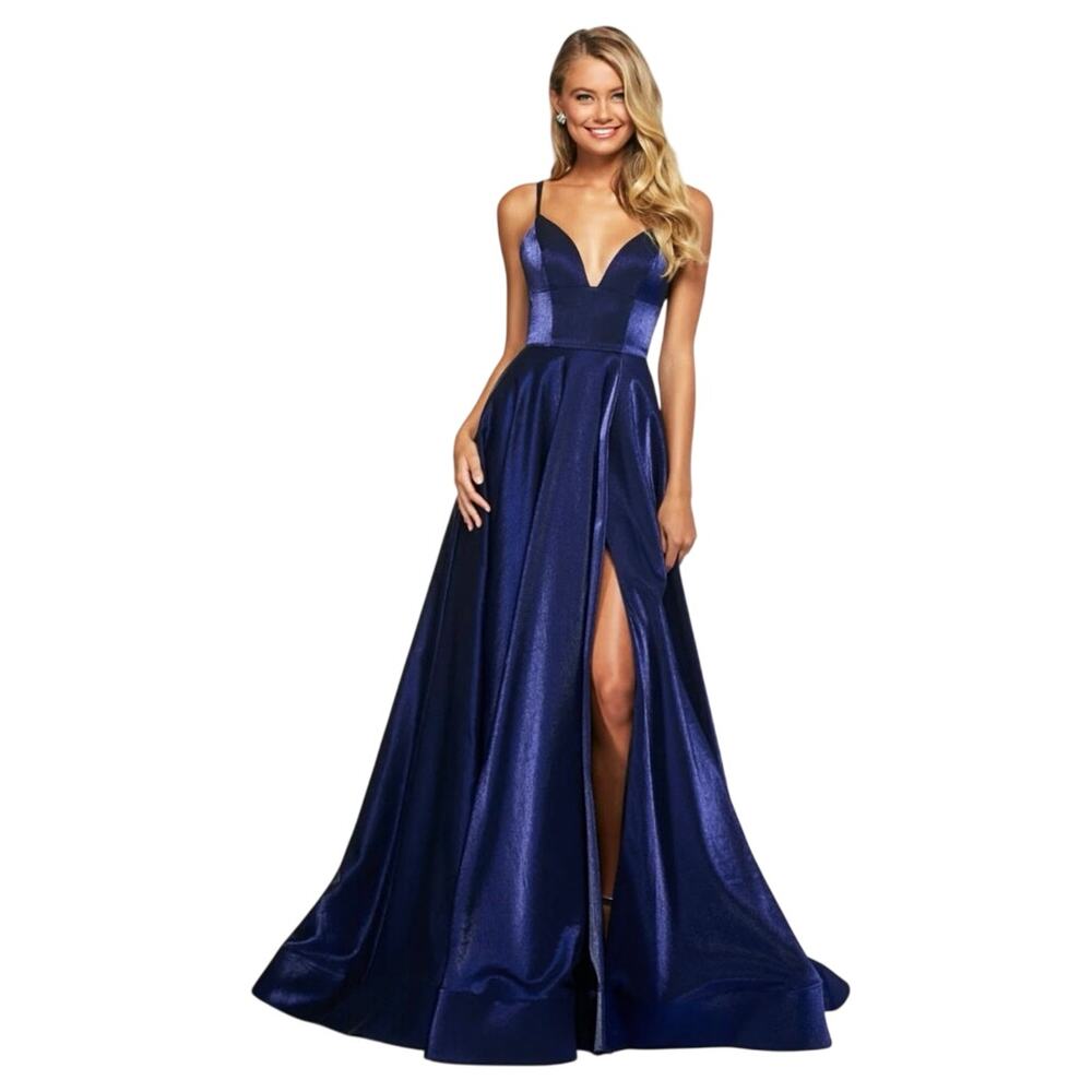 Sherri Hill Navy Satin Prom Gown Corset Back Lace-Up Formal Dress Size 4